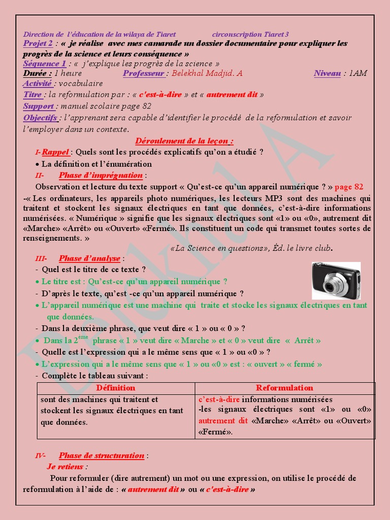 La reformulation en 1AM : méthodes et exercices | PDF | Données ...