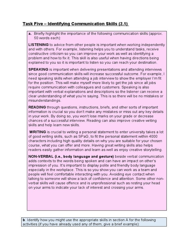 Task 5 Using Communication Skills Worksheet 2223 4 PDF Nonverbal