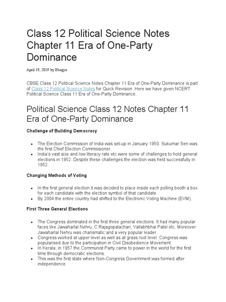 Era of One-Party Dominance Notes | PDF | Indian National Congress ...