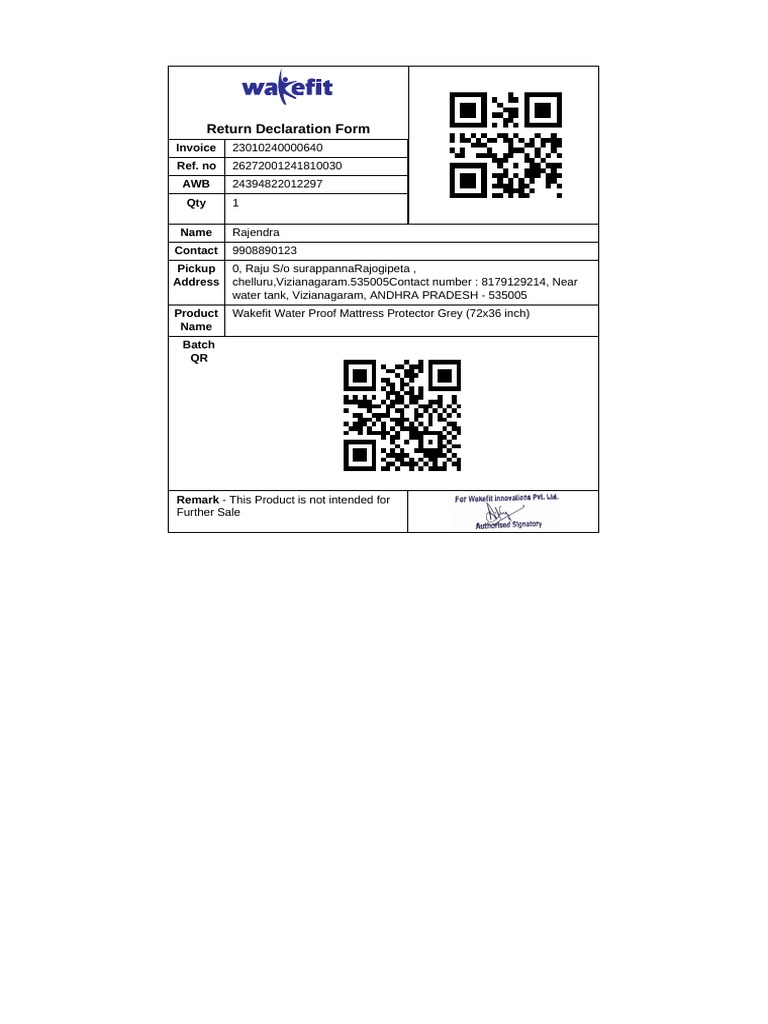 Return Declaration Form for Wakefit Waterproof Mattress Protector PDF