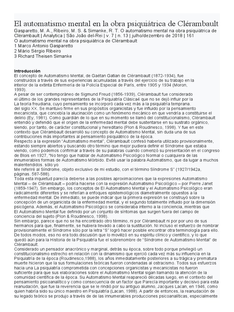 Automatismo Mental en Clérambault | PDF | Engaño | Psicosis