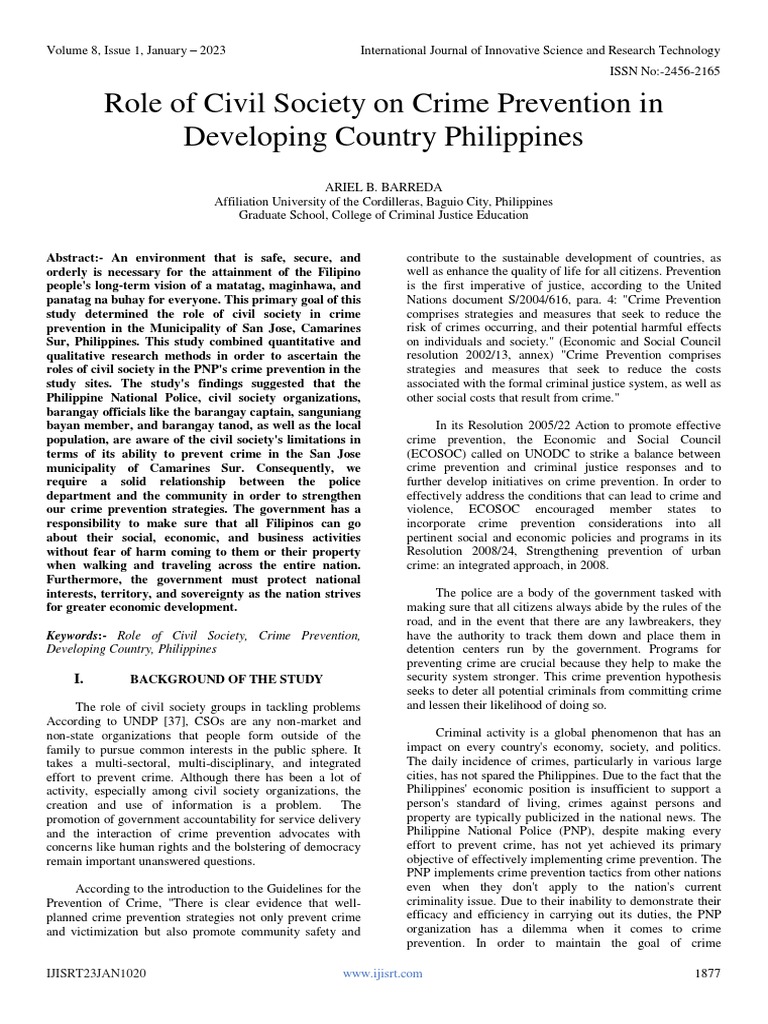 Role of Civil Society On Crime Prevention in Developing Country Philippines PDF Survey