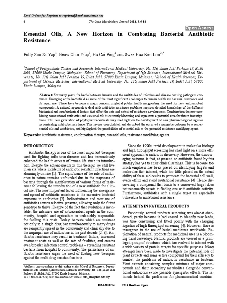 Essential Oils, A New Horizon in Combating Bacterial Antibiotic