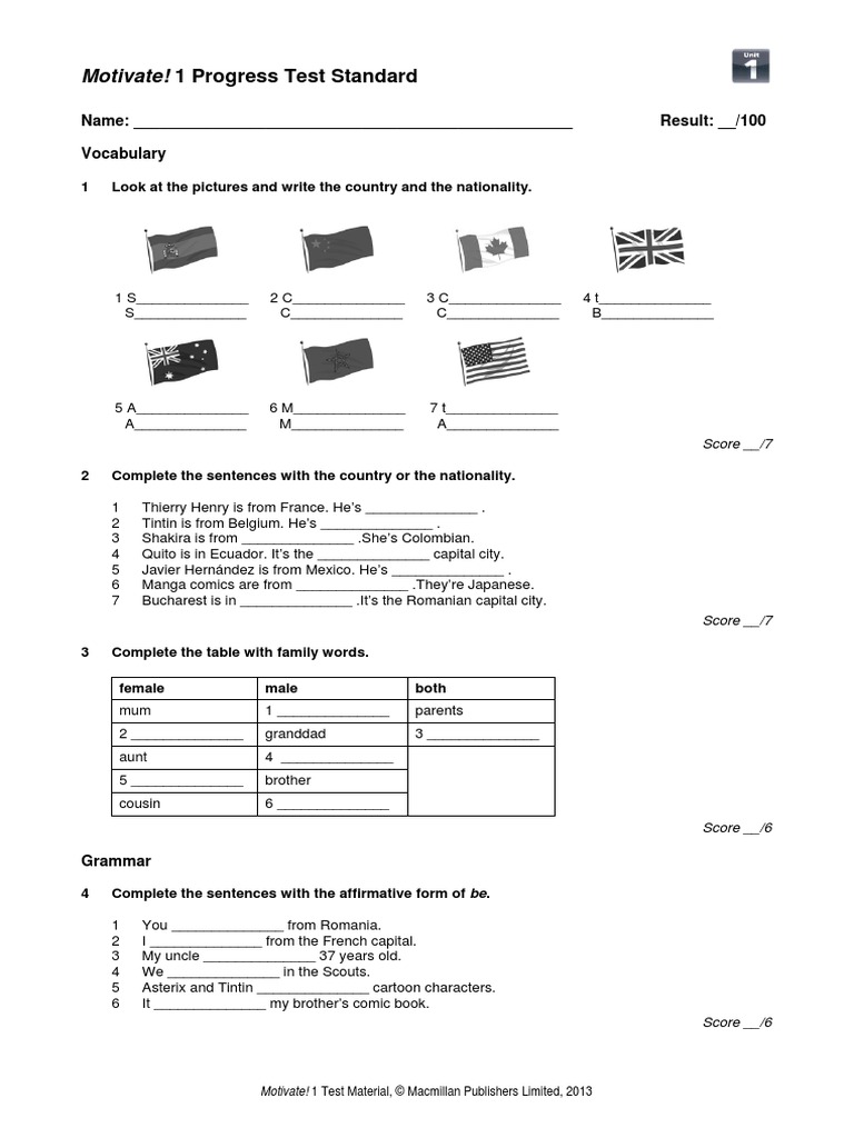 Motivate! 1 Test U1 Standard | PDF | Linguistics