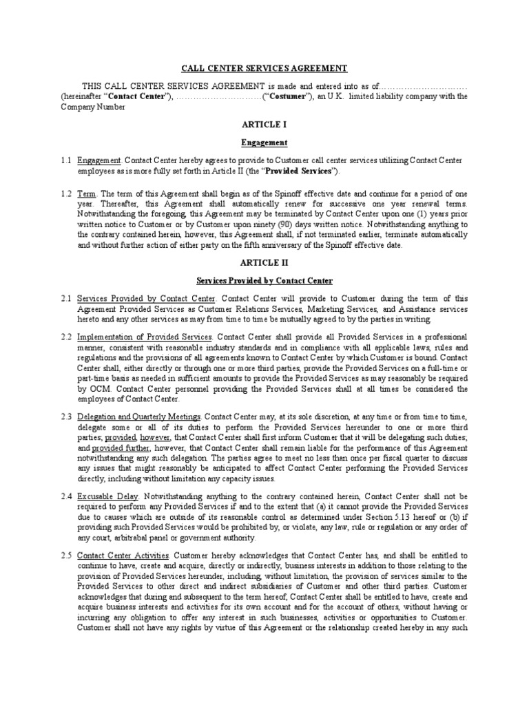 Call Center Provider Agrement | PDF | Finance & Money Management | Law