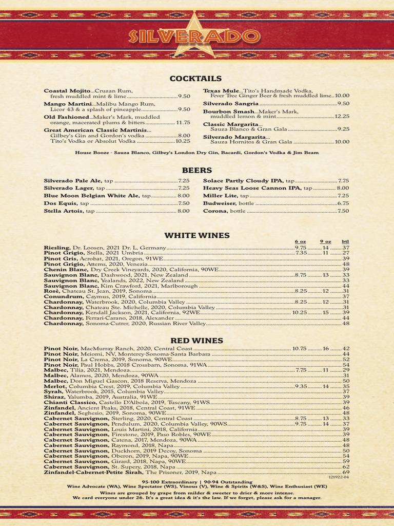 Silverado's Menu | PDF | Steak | Foods