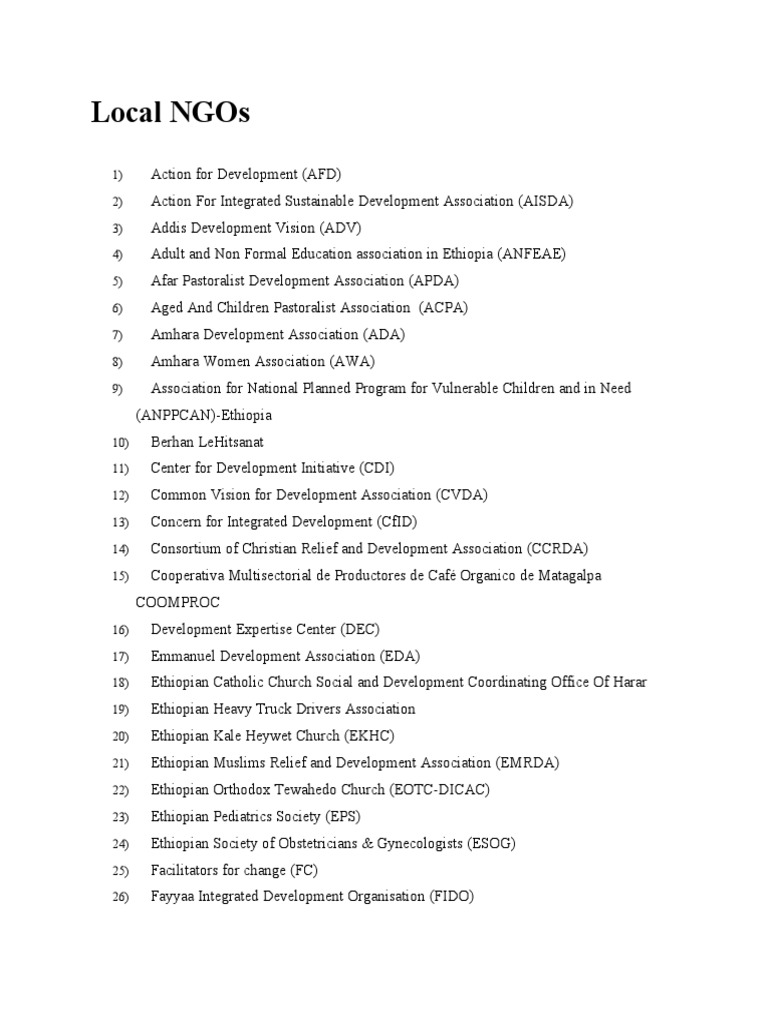 Local NGOs in Ethiopia List | PDF | Ethiopia
