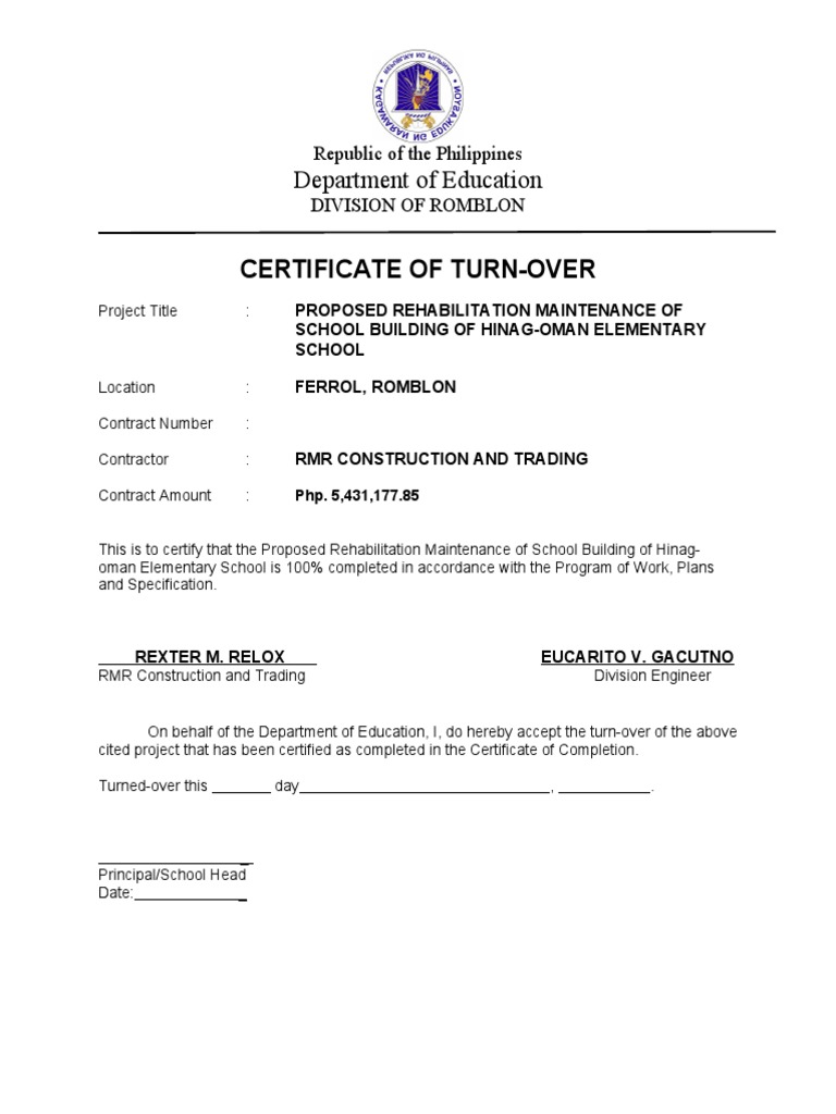 Certificate of completion for the rehabilitation and maintenance of