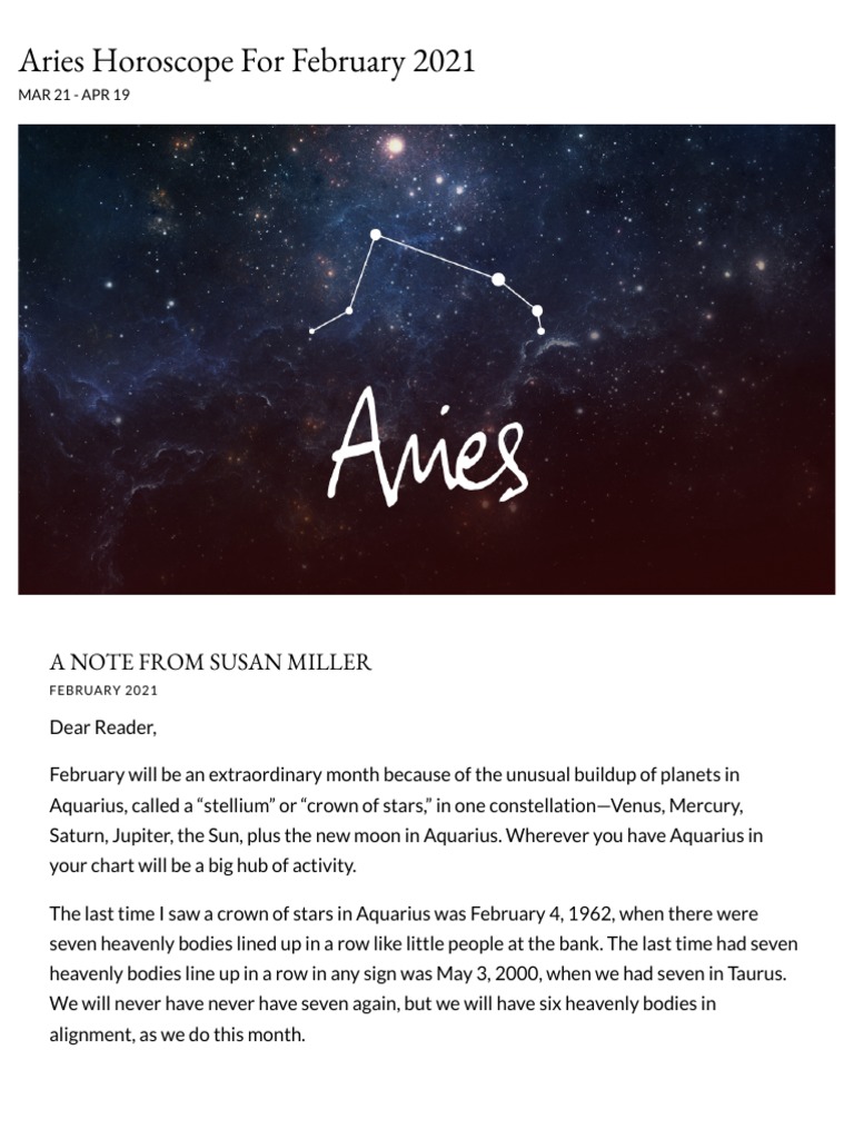 Aries Horoscope for February 2021 Susan Miller Astrology Zone PDF