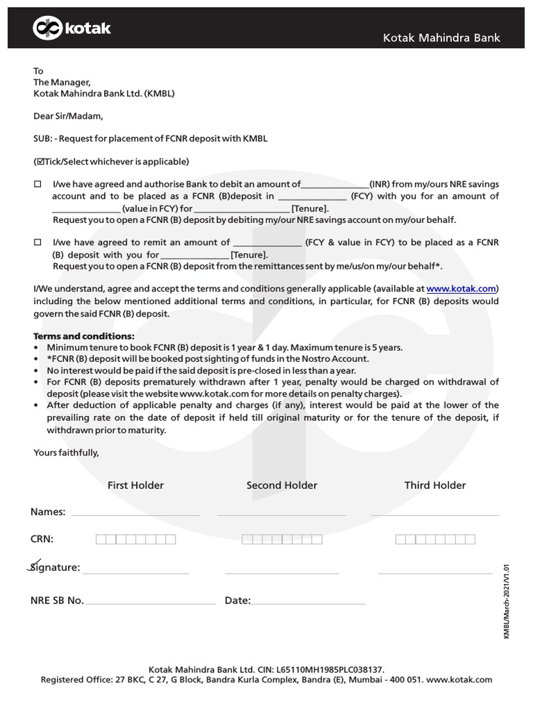 FCNR Deposit Request Form - Kotak Bank | PDF | Deposit Account | Banks