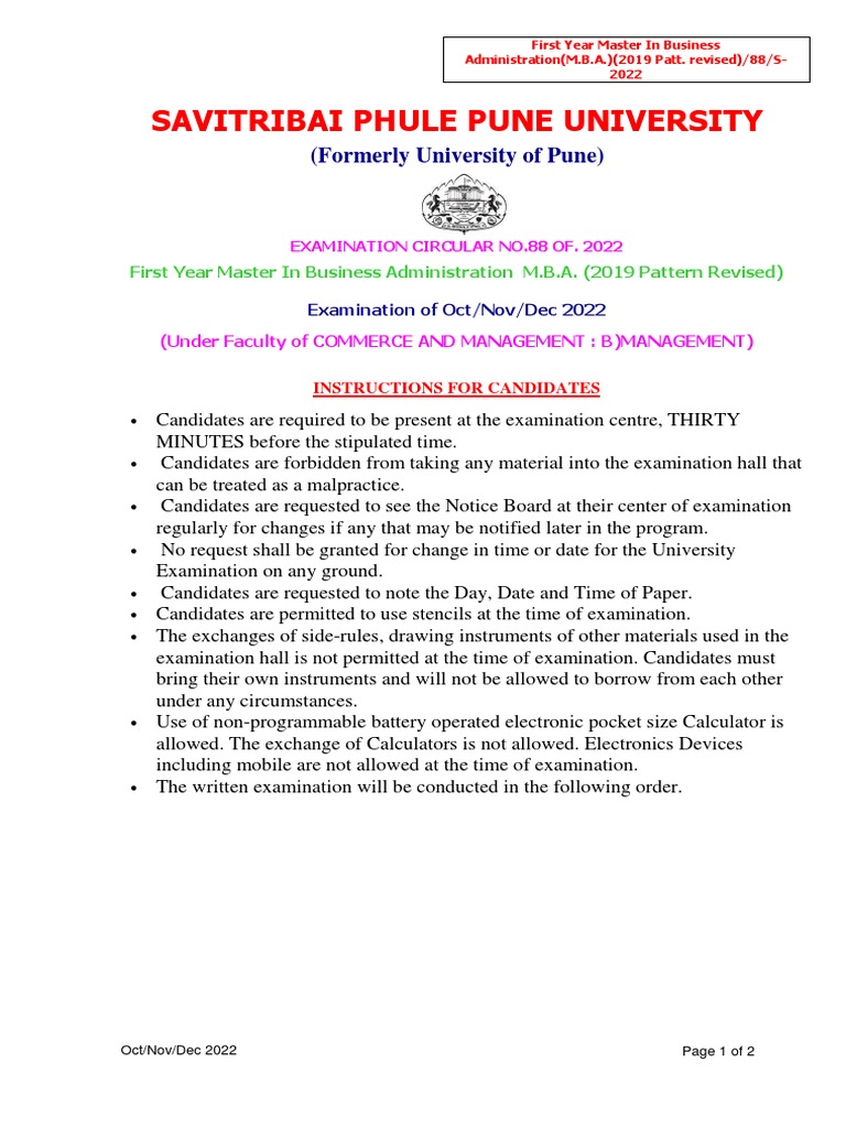 Time table of master in business administration m b a pat 2019