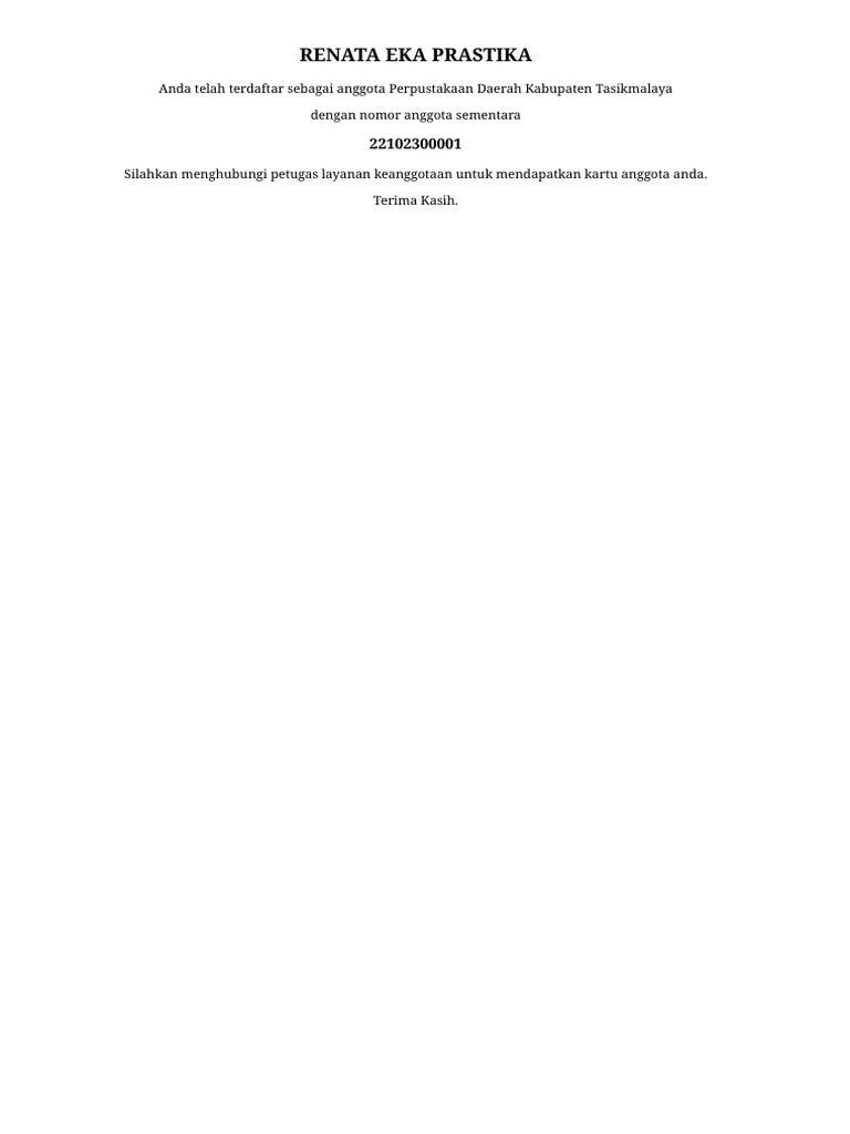 Sukses Pendaftaran Anggota Perpustakaan Daerah Kabupaten Tasikmalaya