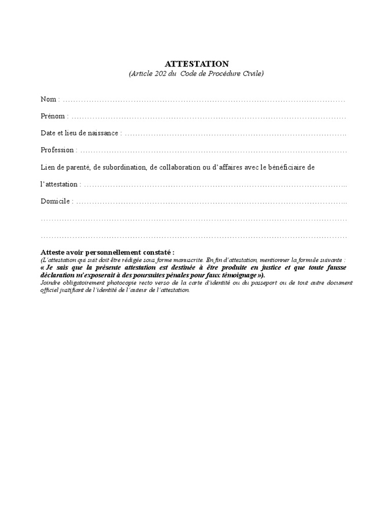Attestation Article 202 Du CPC PDF