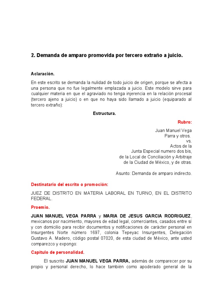 Demanda de Amparo por Tercero Extraño | PDF | Caso de ley | Demanda ...