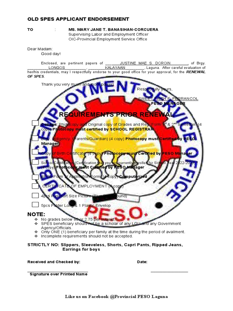 SPES Renewal Endorsement Guidelines | PDF | Career & Growth