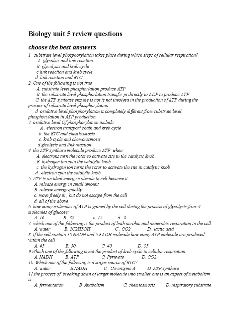 Biology Unit 5 Review Questions | PDF | Cellular Respiration ...