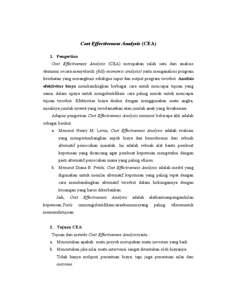Cost Effectiveness Analysis (CEA) : 1. Pengertian | PDF