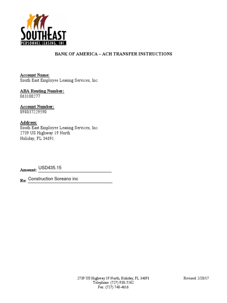 Bank of America ACH Transfer Instructions PDF