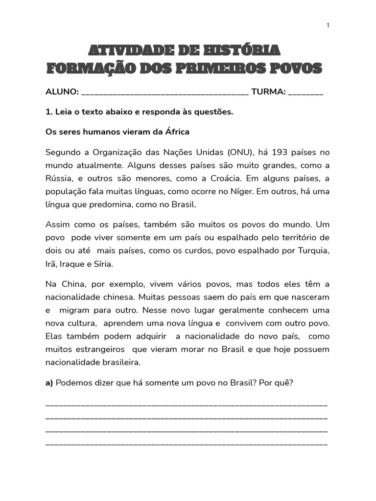 Formação Dos Primeiros Povos - Atividade 5ºano | PDF | Humano | Brasil