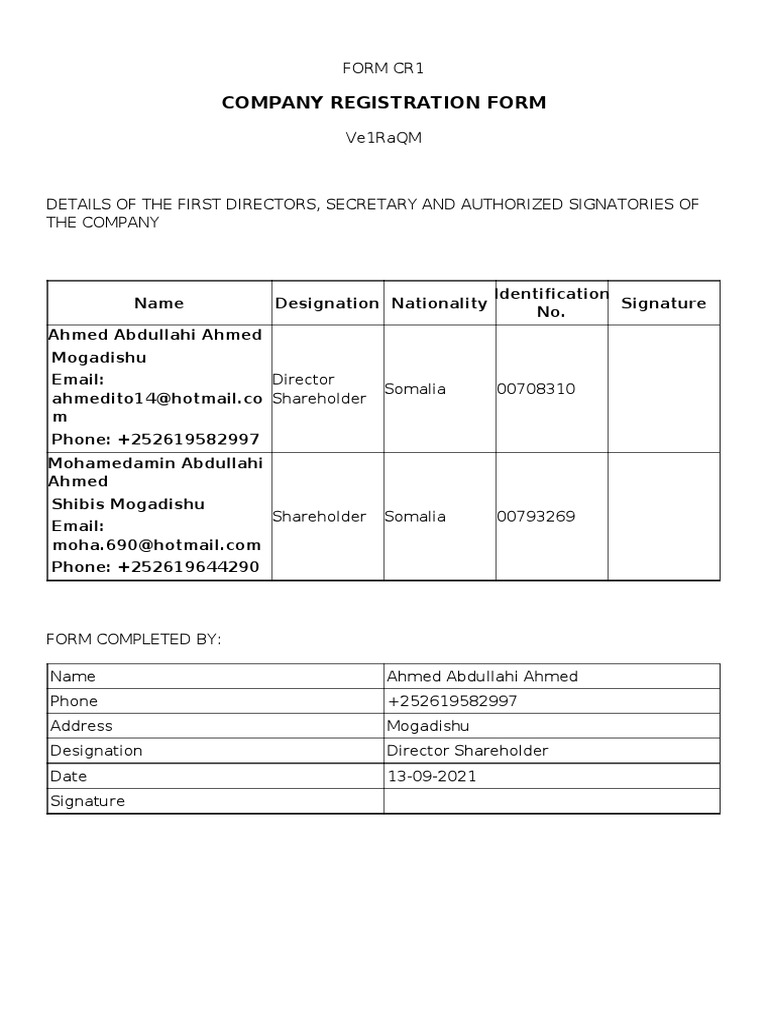 Company Registration Form | PDF