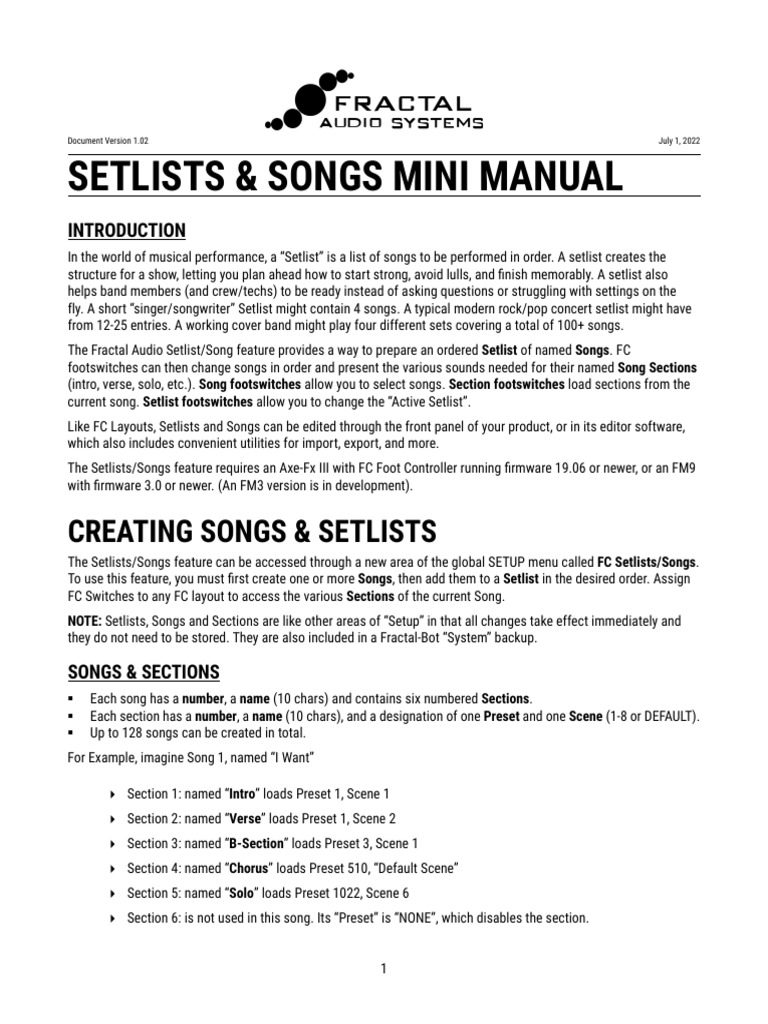 Fractal Audio Setlists Songs Mini Manual | PDF | Song Structure ...