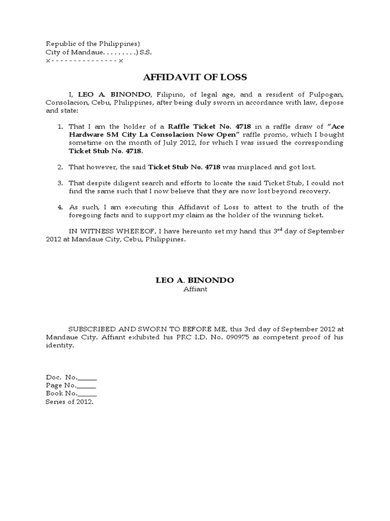 Affidavit of Loss for Raffle Ticket | PDF