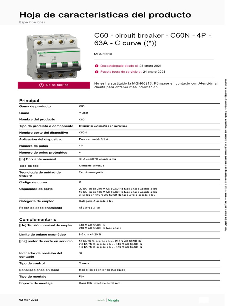 Especificaciones técnicas y características del interruptor automático ...