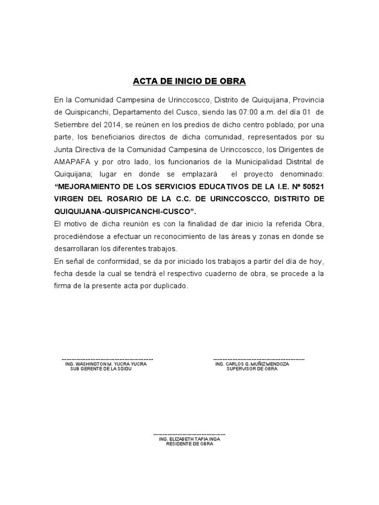 Acta de Inicio de Obra Urinccoscco | PDF | Gobierno