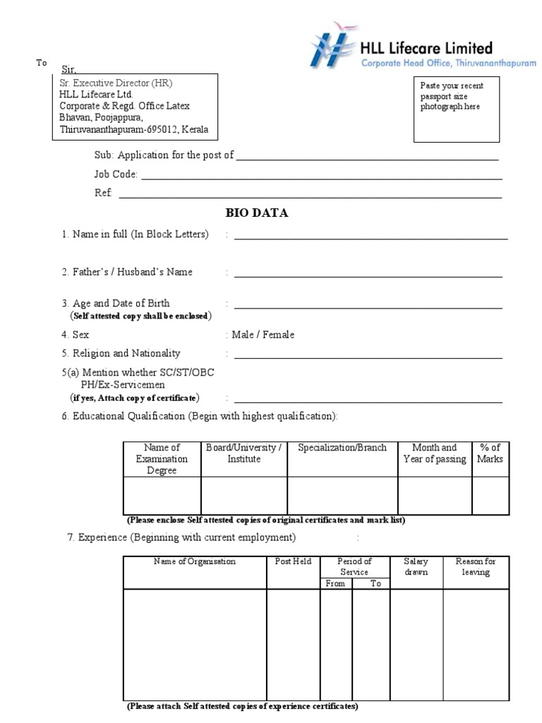 HLL Lifecare Job Application Form | PDF | Career & Growth