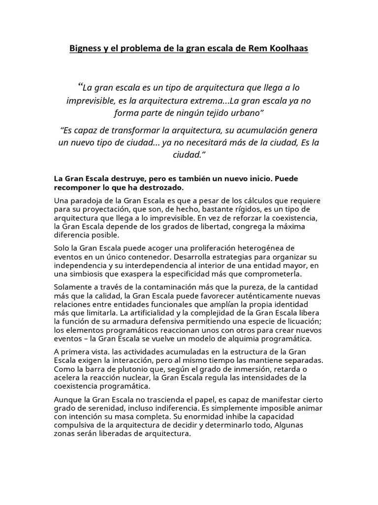 Bigness y El Problema de La Gran Escala de Rem Koolhaas PDF Arquitecto