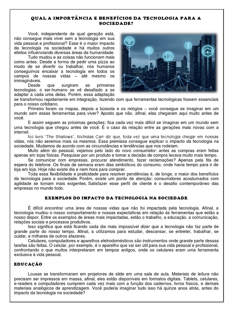 1o Bi - QUAL A IMPORTÂNCIA E BENEFÍCIOS DA TECNOLOGIA PARA A SOCIEDADE ...