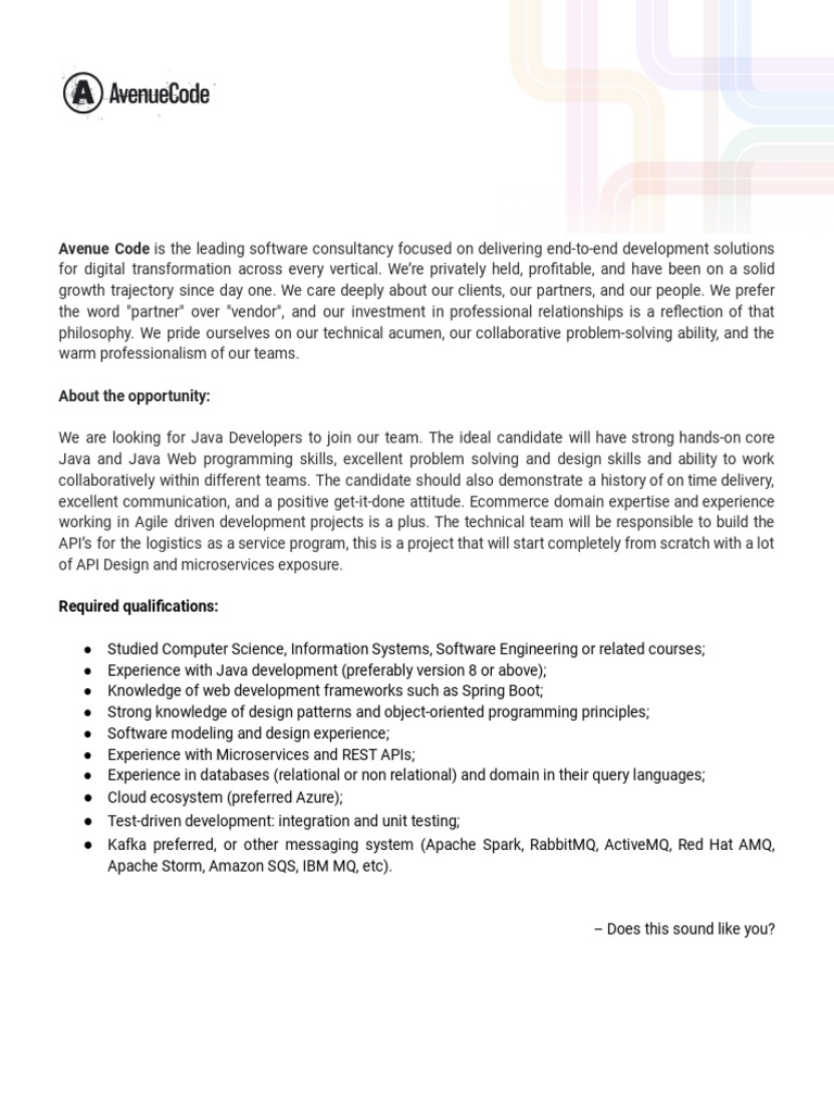 Job Description Java Engineer PDF