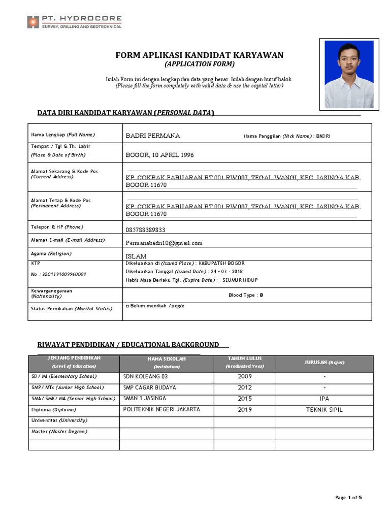 Application Form HC - BADRI PERMANA | PDF