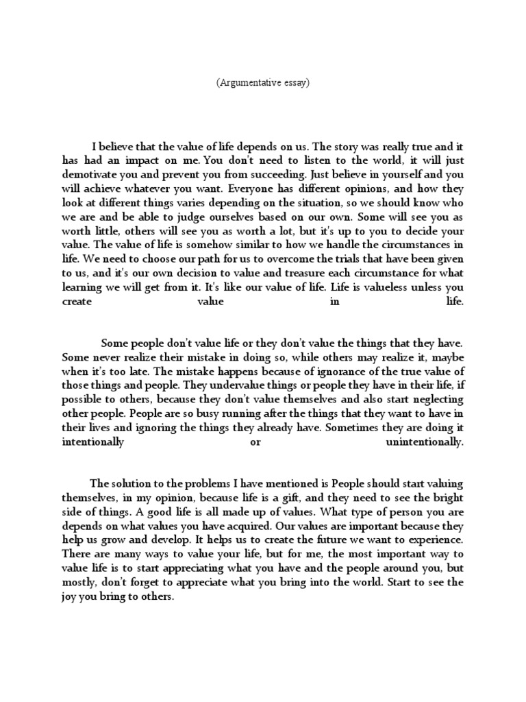 Argumentative Essay (The Value of Life) PDF
