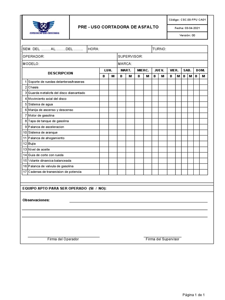 Check List 001-Cortadora de Asfalto | PDF