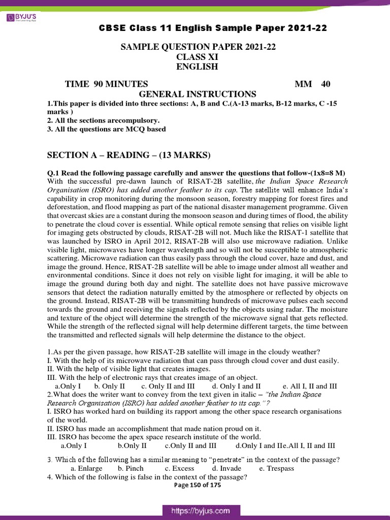 Class 11 English Sample Paper