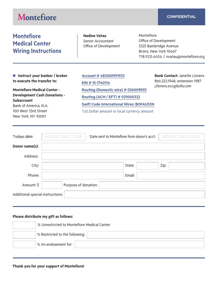 Montefiore Wire Transfer Form PDF