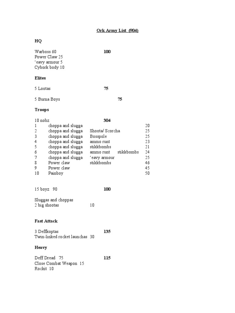 Ork Army List for Warhammer 40K | PDF
