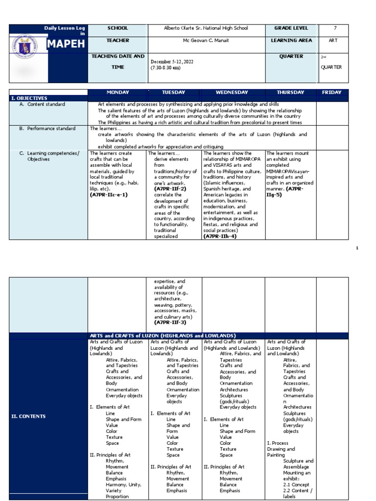 Q2 Grade 7 Arts DLL Week 2 | PDF | Teachers | Arts And Crafts Movement