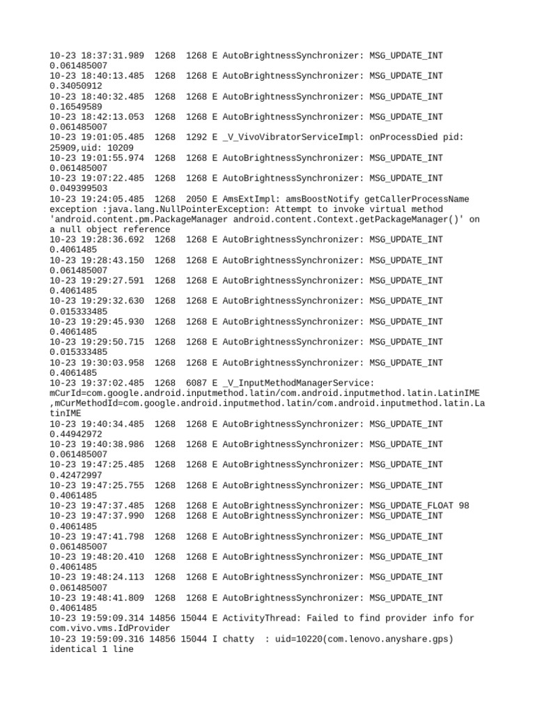 Log data from an Android device showing messages from the
