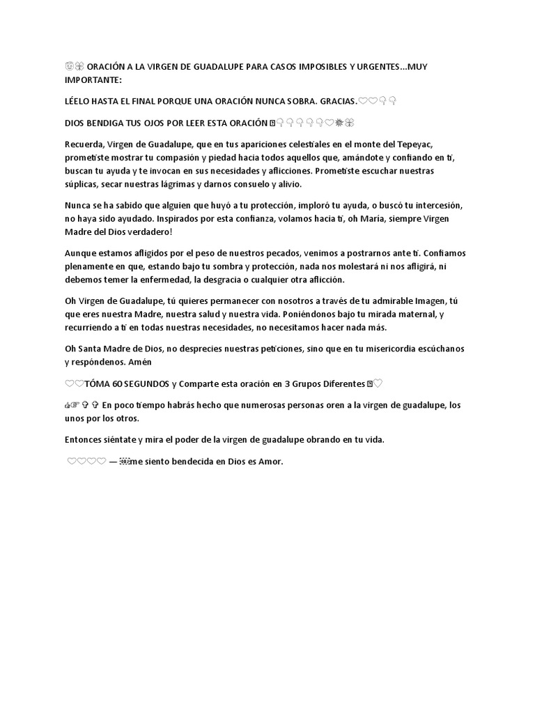 ?? ORACIÓN A LA VIRGEN DE GUADALUPE PARA CASOS IMPOSIBLES Y URGENTES | PDF