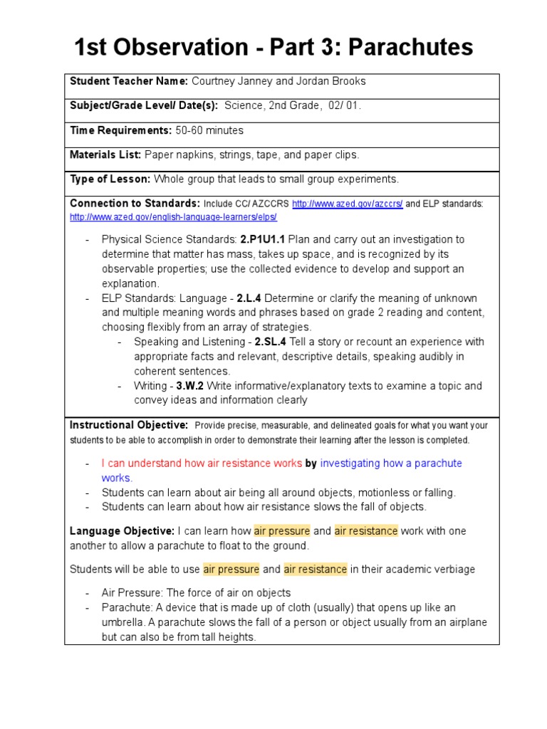 1st Observation Part 3 Parachutes PDF Parachute Science