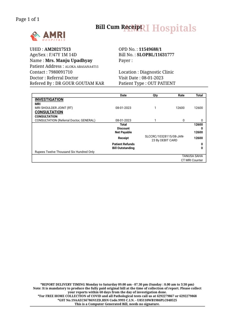 MRI Bill Receipt for Mrs. Upadhyay | PDF | Clinical Medicine | Medicine