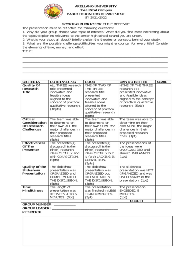 Title Defense Scoring Rubric Guide | PDF | Psychology | Science