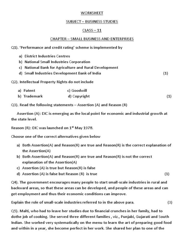 Class 11 Small Business Worksheet | PDF | Business | Economies