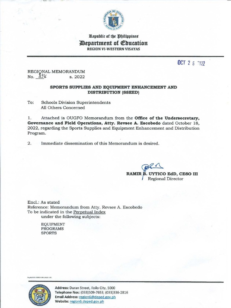 RM No. 838 S. 2022 Sports Supplies and Equipment Enhancement and