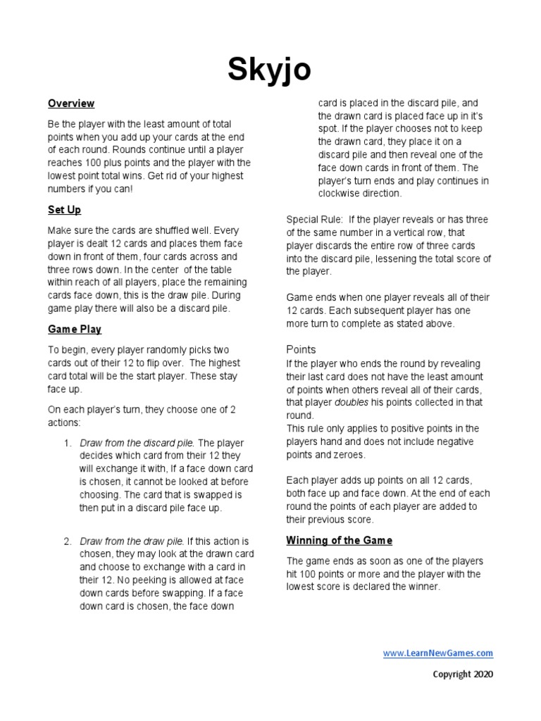 Skyjo Printable Instructions PDF | PDF | Tabletop Games | Entertainment