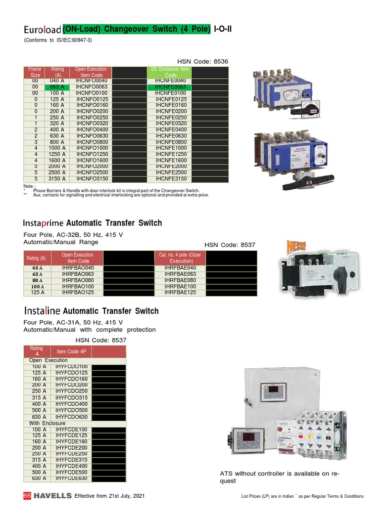 Havells 4 Pole Changeover Switches | PDF | Switch | Electrical Engineering