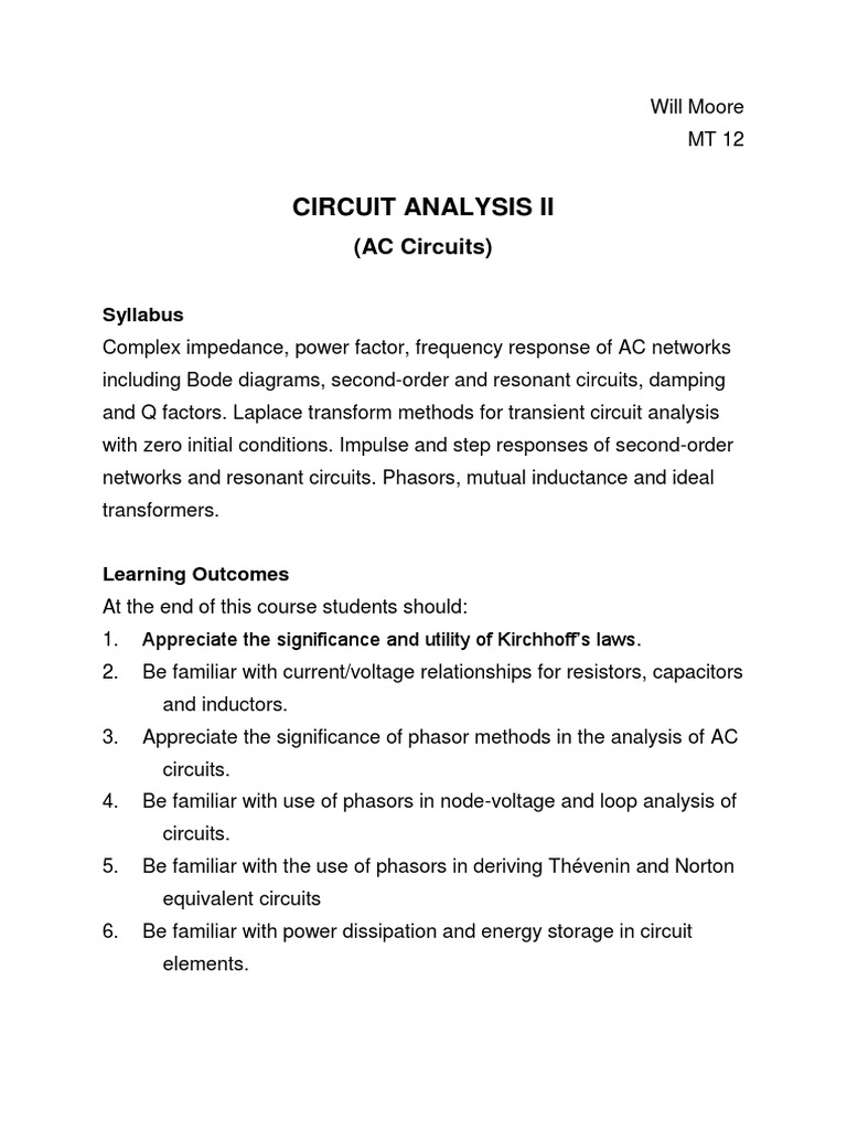 1P2 Circuit Analysis II Notes Moore PDF Electrical Impedance