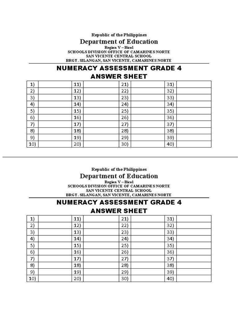 Grade 4 Numeracy Assessment Answer Key | PDF | Philippines